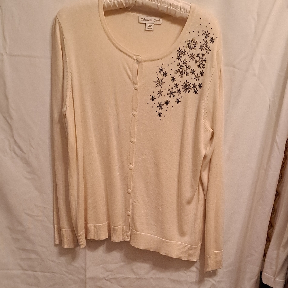 Coldwater Creek Cream Cardigan with Bronze Beaded Floral Design. Never Worn